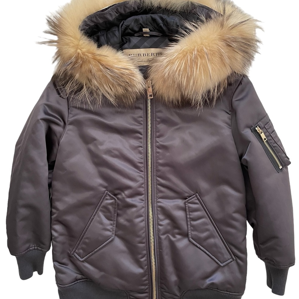 BURBERRY SATIN BOMBER JACKET WITH FUR TRIM HOOD SIZE XS